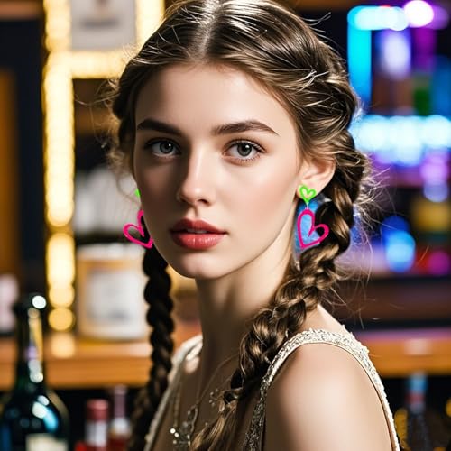 Neon Heart Earrings for Women Acrylic Neon Earrings 80s 90s Outfit for Women Glow Party Accessories Gifts Hot Pink Orange Green Yellow2