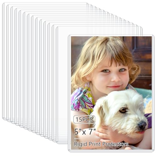 AKONEGE 15PCS 5 x 7 Rigid Print Protectors Clear Waterproof Hard Plastic Page Sheet Protectors Rigid Sheet Protectors Top Loading Photo Card Plastic Sleeves Paper Document Holder
