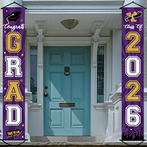 Image of Graduation Banner 2026 Graduation Decorations Purple and Gold Grad Banner Porch Sign Class of 2026 Door Decor Congrats Hanging Backdrop Gold Grad Party Decor for School Congratulations Supplies