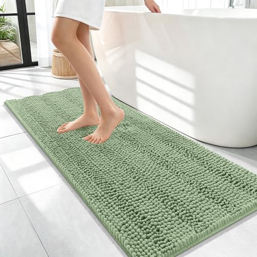 Image of OLANLY Thick Bathroom Runner Rugs 47x17, Extra Absorbent Chenille Striped Bath Rugs, Rubber Backing, Machine Wash Dry, Long Bath Mats for Bathroom, Tub and Shower, Home Decor Accessories, Sage Green