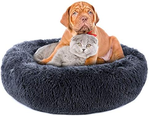 PJYuCien Calming Dog Bed Cat Bed, Large Medium Small Pet Beds, Soft Cozy Donut Cuddler Round Plush Beds for Dogs Cats, Waterproof & Anti-Slip Bottom, Machine Washable 24”.（Dark Grey）