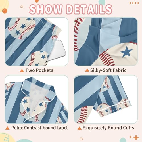 senya Baseball Blue Background Satin Summer Pajama Sets Silk Short Sleeve Button Down Sleepwear3