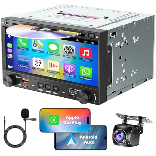 Double Din Car Stereo CD DVD Player with Wireless Carplay&Android Auto, 7 inch Car Radio 4.2-Channel Audio Output Bluetooth & Voice Control, Mirror Link, Backup Camera, AM/FM Radio Type-A/C Subwoofer