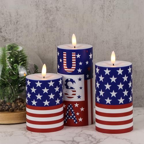 Image of Patriotic Flameless Pillar Candles Battery Operated with Remote Timer Plastic Realistic 3D Wick Outdoor Waterproof LED Flickering Candles 4th of July USA Flag Decor(3 Pack, 3 x 4,5,6 Inches)