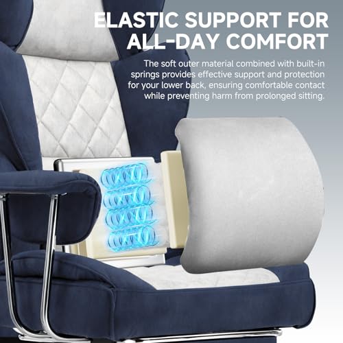 Image of GTPLAYER Gaming Chair,Office Chair with Pocket Spring Lumbar Support, Ergonomic Comfortable Wide Office Desk Computer Chair with Outward Fixed Soft Armrests and Footrest (Fabric, Dark Blue & White)