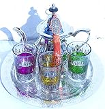  kenta Juego de té marroqui Original 3 Vasos con Dibujos Estilo Henna, Tetera para 3 y Bandeja de 25 cm repujada a Mano + un Llavero Adorno Mano de Fatima (Fucsia Amarillo Verde)