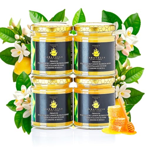 4x Miel de flor de limón de Sicilia 250 gr Caravella Fine Food| Italiana Cruda Cremosa Ligero Aroma Cítrico| Rica en minerales enzimas y antioxidantes | Ideal para Té Quesos Croissants Frutas Postres