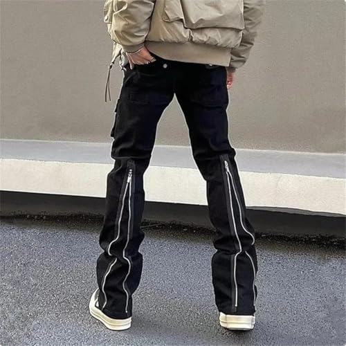 Men Zipper Flared Jeans Cargo Pants Clothes Straight Solid Casual Long Trousers2