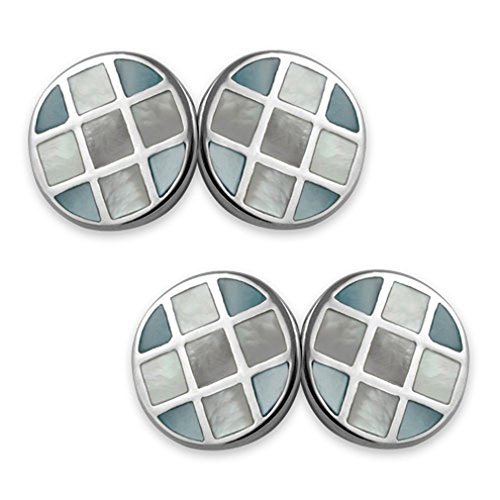 Gemelos y clip de corbata de plata con nácar azul y estuche 2