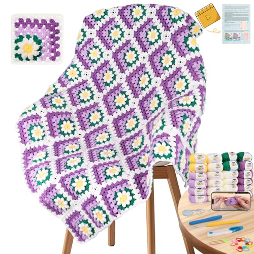 Image of Coopay Crochet Blanket Kit for Beginners, Easy 3D Granny Square Blanket Kit | Crochet Kit W /Video Tutorial & Digital Instructions, All Accessories Included, Easy Knitting to Create Granny Square Blanket