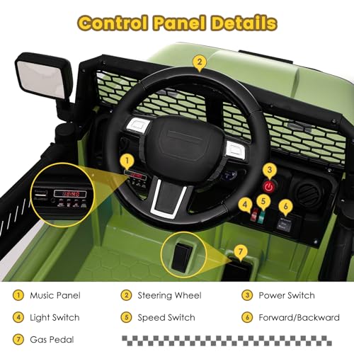 12-V-Elektroauto,Fernbedienung für Eltern, Zwei 35-W-Motoren, 5.2km/h Höchstgeschwindigkeit, zu öffnende Türen, Musik-Player, 4 Räder, Federung, LED-Beleuchtung, Sicherheitsgurt(Grün) – Bild 3