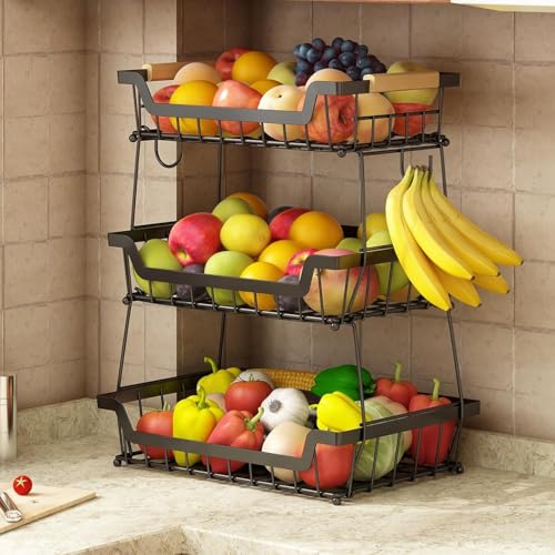 TitanSoli 2 Tier Fruit Basket for Kitchen Counter Vegetable Storage and Bread Fruit Bowl with 2 Banana Hangers Metal Wire Basket Pantry Organizer for Potato and Onion (3 Tier with 2 Hangers)