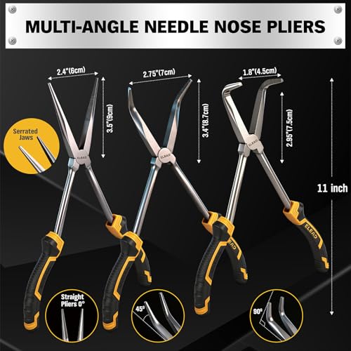 Image of 3-Piece 11 Inch Long Reach Pliers Set with 3 Magnetic Plier Racks, Extra Long Needle Nose Pliers Set Includes Straight, 45 & 90 Bent Nose Plier, Pliers Tool Set for Tight Spaces