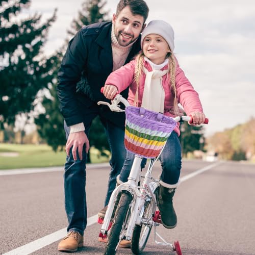 BUYGOO Laufrad Korb mit 2 Lederriemen, Abnehmbar, Fahrradkorb Geflochten Kunststoff, Fahrrad Korb Weidenkorb Vorne, Bike Basket Front, Bunt Fahrradkorb Vorne, für Meisten Fahrräder