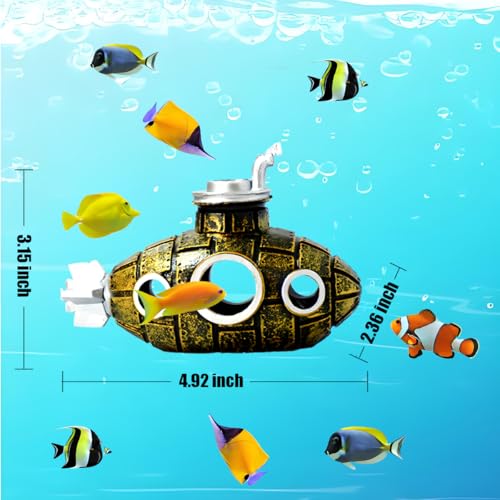 Image of Fish Tank Decorations, Aquarium Decor Thematic Ornaments, Cute Little Diver Aquarium Decoration Cartoon Fish Playmate with Submarine - Floating Aquarium Decorations (Submarine Gold)
