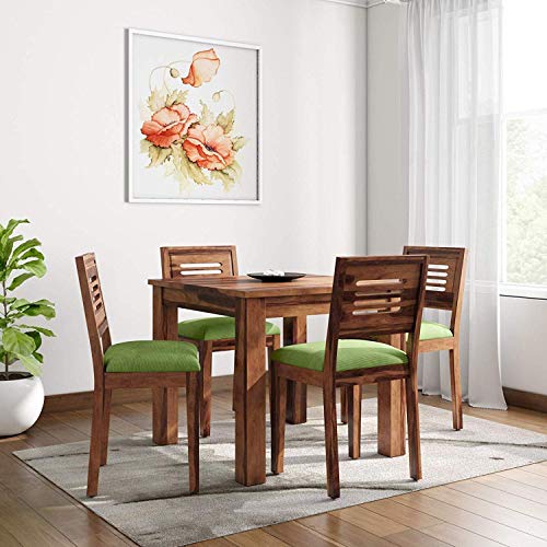 Image of Solid Sheesham Wood 4 Seater Dining Table Set with Cushioned Chairs for Dining Room | Living Room | Home & Office | Hotels Restaurant & Cafe (4 Seater, A-Honey)
