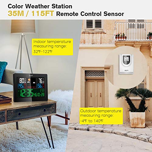 Weather Station Wireless Indoor Outdoor Weather Instruments with Color LCD Screen Thermometer and Moisture Alarm Clock Temperature and Humidity Monitoring for Home and Office