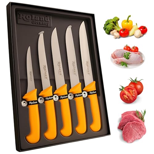 Roland Germany 5-teiliges Metzger Messer Set – Profi-Fleischmesser aus rostfreiem Stahl mit ergonomischem Gelbgriff – Ausbein-, Stech- und...