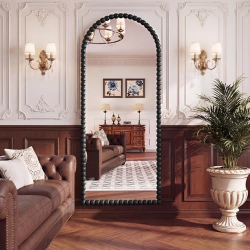 Image of Vintage Full Length Mirror with Stand, 71x28 Inch Arched Beaded Full Body Mirrors, Large Floor Mirror Standing Mirror Full Length Wall Mounted Decor for Bedroom Living Room Cloakroom, PU Frame, Black