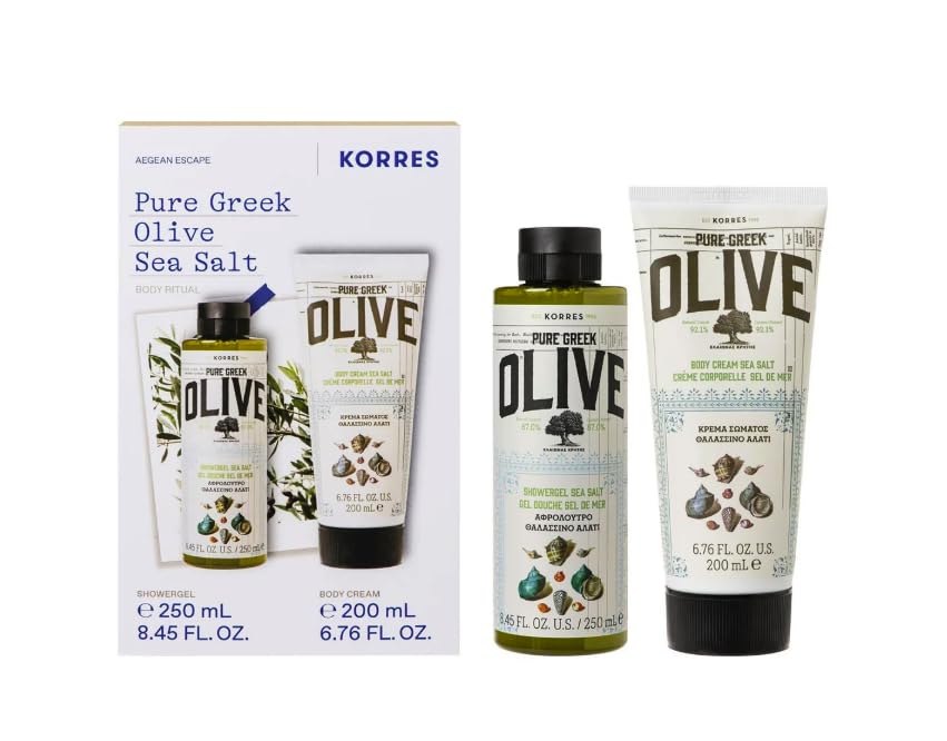 KORRES Olive Sea Salt Body Care Value Set for Men and Women, Aromatic Fragrance of Sea Salt Combined with Olive Scent, Shower Gel 250 ml and Body Milk 200 ml, Silicone and Paraben Free, Vegan