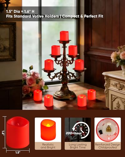 Image of Homemory 12Pack Red Flickering Flameless Votive Candles, 200+Hour Electric Fake Candles, Battery Operated LED Tealight for Wedding, Outdoor, Table, Festival (Warm White,Battery Included)