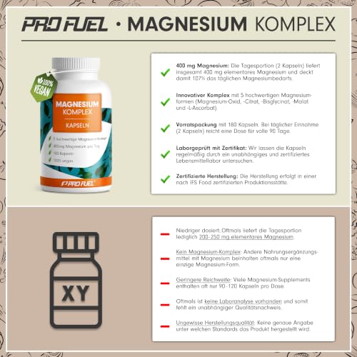 Magnesium Komplex 180 Kapseln - 400 mg elementares Magnesium pro Tag - mit 5 Formen: Mag.-Oxid, Citrat, Bisglycinat… – Ansicht 3