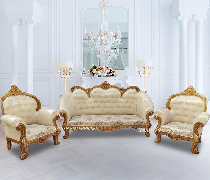 Image of Luxury Antique Sofa Set in a Classic Living Room Setting Solid Teak Wooden Five Seater Sofa Set with Cushion for Living Room | Honey Brown Finish | 208D x 76W x 119H cm (Design10)