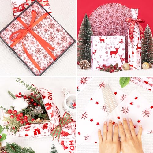 Image of Larcenciel Christmas Tissue Paper for Gift Bags, 50Pcs Classic Red White Xmas Gift Wrapping Tissue Paper, Snowflake Deer Art Packing Supplies for Holiday, New Year, Crafts Project, Party Decor,20x14In