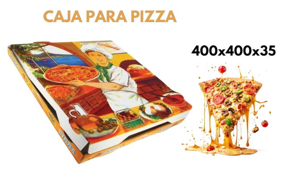 Caja para pizza con diseño, Kraft, Cartón microcanal compostable, 100 unidades, disponible en medidas S, M, L, XL, Ideales para delievery, takeaway (400x400x35)