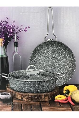 3 Piece Granite Induction Hob Pan Set – 26cm Non-Stick Cooking Pot with Lid & Frying Pan – PFOA-Free, Scratch Resistant, Energy Saving – Grey