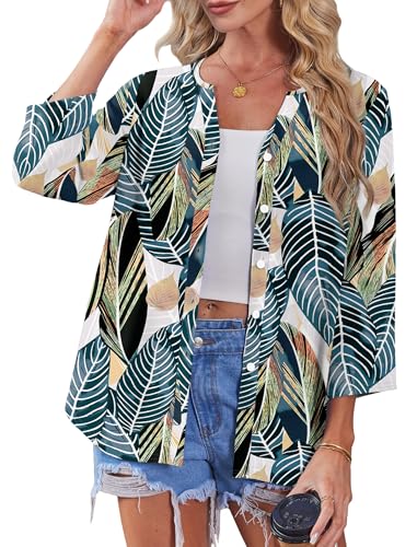 Image of OFEEFAN Button Down Shirts for Women 3 /4 Length Sleeve Tops V Neck Blouses Business Casual Outfits Loose Fit