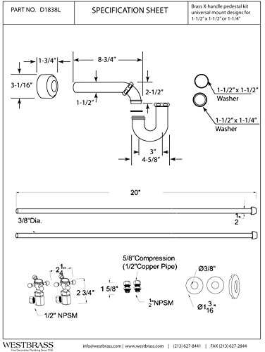 Westbrass Traditional Pedestal Lavatory Kit with Cross Handles, Polished Nickel, D1838L-05 - Thumbnail 2