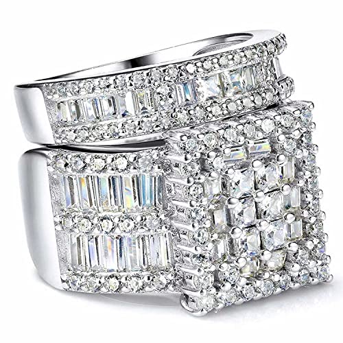Platinum Over Sterling Silver Big Womens Bridal Rings Set Bling Princess Cut Cubic Zirconia Size 5-112