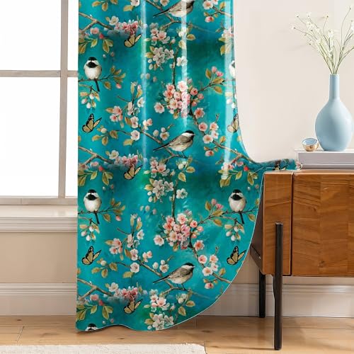 Image of LINENWALAS Printed Blackout Curtains for 5 Feet Window | Set of 2 | Charming Bird & Floral Drapes | Thermal Insulated, Room Darkening Panels with Grommet Hanging for Living Room (Teal Blossom)