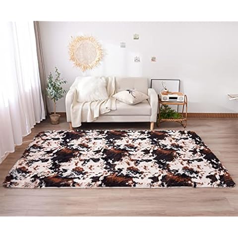 Aimuan Cow Print Area Rug Cute Fluffy Faux Cowhide Rug Super Soft Shaggy Carpets Tie-Dye Rugs for Living Room Bedroom Girls Kids Room Nursery Home Decor Non-Slip Mat (Coffee-Black, 5x7) Cover