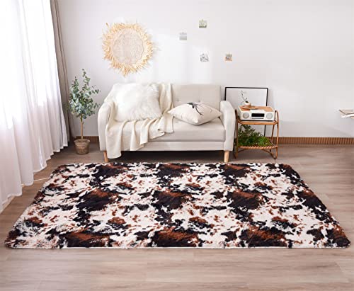Image of Aimuan Cow Print Area Rug Cute Fluffy Faux Cowhide Rug Super Soft Shaggy Carpets Tie-Dye Rugs for Living Room Bedroom Girls Kids Room Nursery Home Decor Non-Slip Mat (Coffee-Black, 5x7)