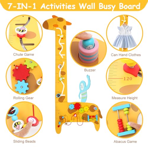 Image of Dollox Giraffe Activity Wooden Wall Panels, 7-in-1 Toddler Multifunctional Busy Board Sensory, Interactive Educational Toy Montessori Wall Decor Preschool Toy for Daycare Activity Center Livingroom