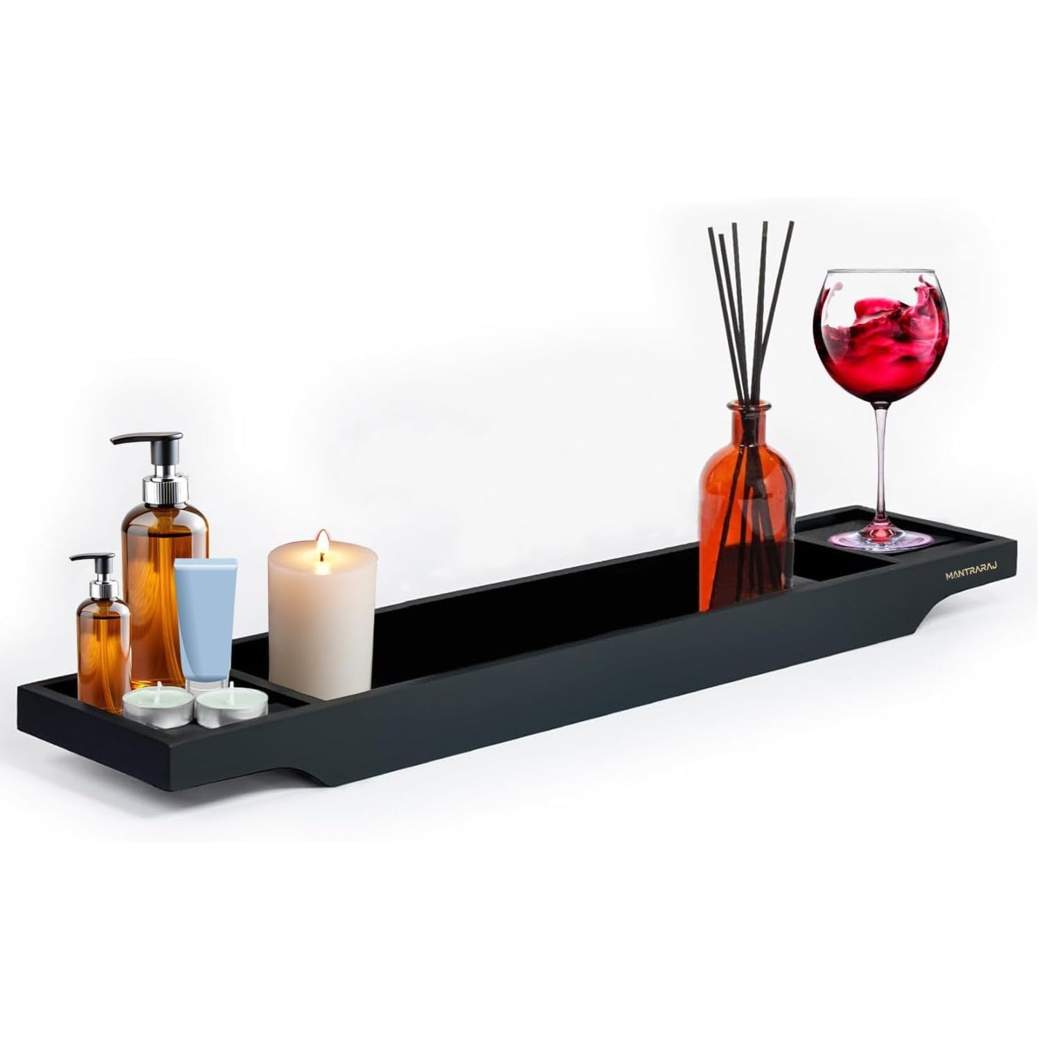 Vivaas Bamboo Bath Caddy Tray Bridge Bath Tray Wooden Bathtub Tray Rack Caddy Tidy Bathroom Shelf Organizer Storage Bath Table for Reading,Tablet, Wine Glass Bath Accessories (Black)