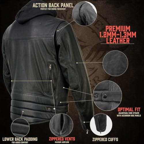 Image of Milwaukee Leather Men's Premium Leather Motorcycle Riders Vented Jacket with Removable Hoody Liner