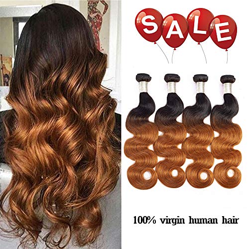 Finest Remy Big Sales 7A Ombre Brazilian Virgin Body Wave Human Hair 4 Bundles Double Weft Extensions (16/16/16/16 Inch, 1B/30)
