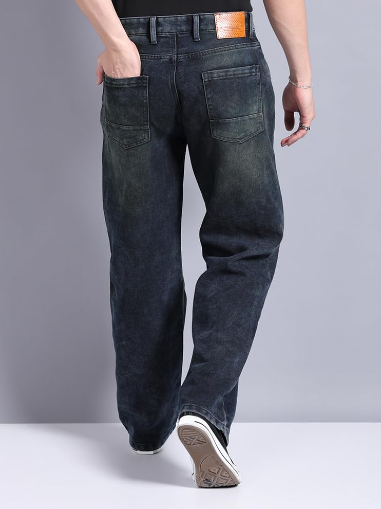 Image of The Indian Garage Co Men's Stretch Fit Mid Rise Baggy Solid Mid-Rise Stretchable Jeans
