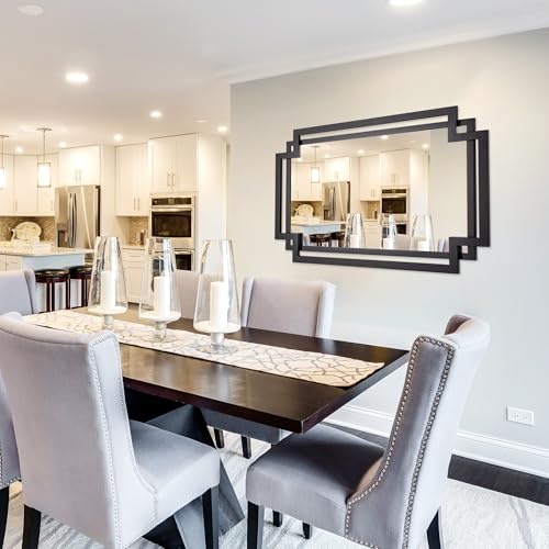 Image of 28 inch x 40 inch Black Wall Mirror for Decor with Geometric Metal Frame | Rectangular Large Bathroom Mirror with Irregular Metal Pipe, Modern Accent Mirror for Entryway, Dining Room, Fireplace