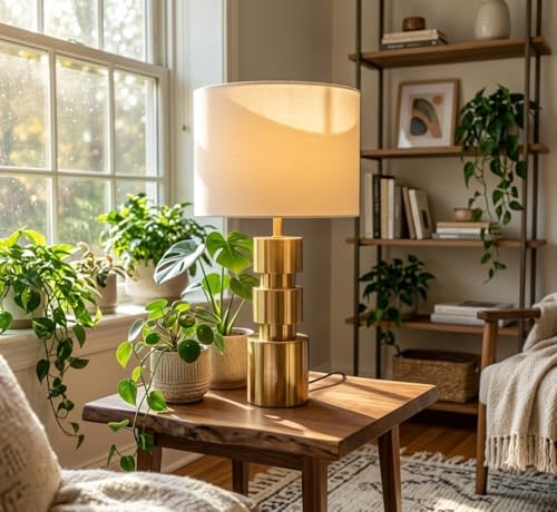 Image of Modern Gold Cylinder Table Lamp with Iridescent Glass Shade - Luxury Metallic Bedside Light for Living Room & Bedroom Decor