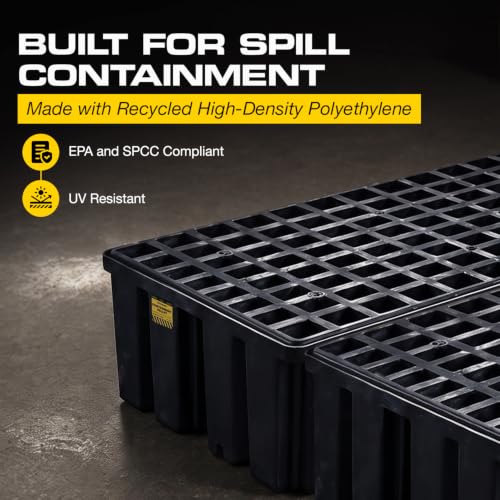 Image of Eagle High Capacity 4 Drum Spill Containment Pallet with Forklift Pockets, 52.5 inchx51 inchx13.75 inch, 132 Gallon Sump, 8,000 lbs. Load Capacity Secondary Containment Pallet, Made in USA, Black, 1640BND