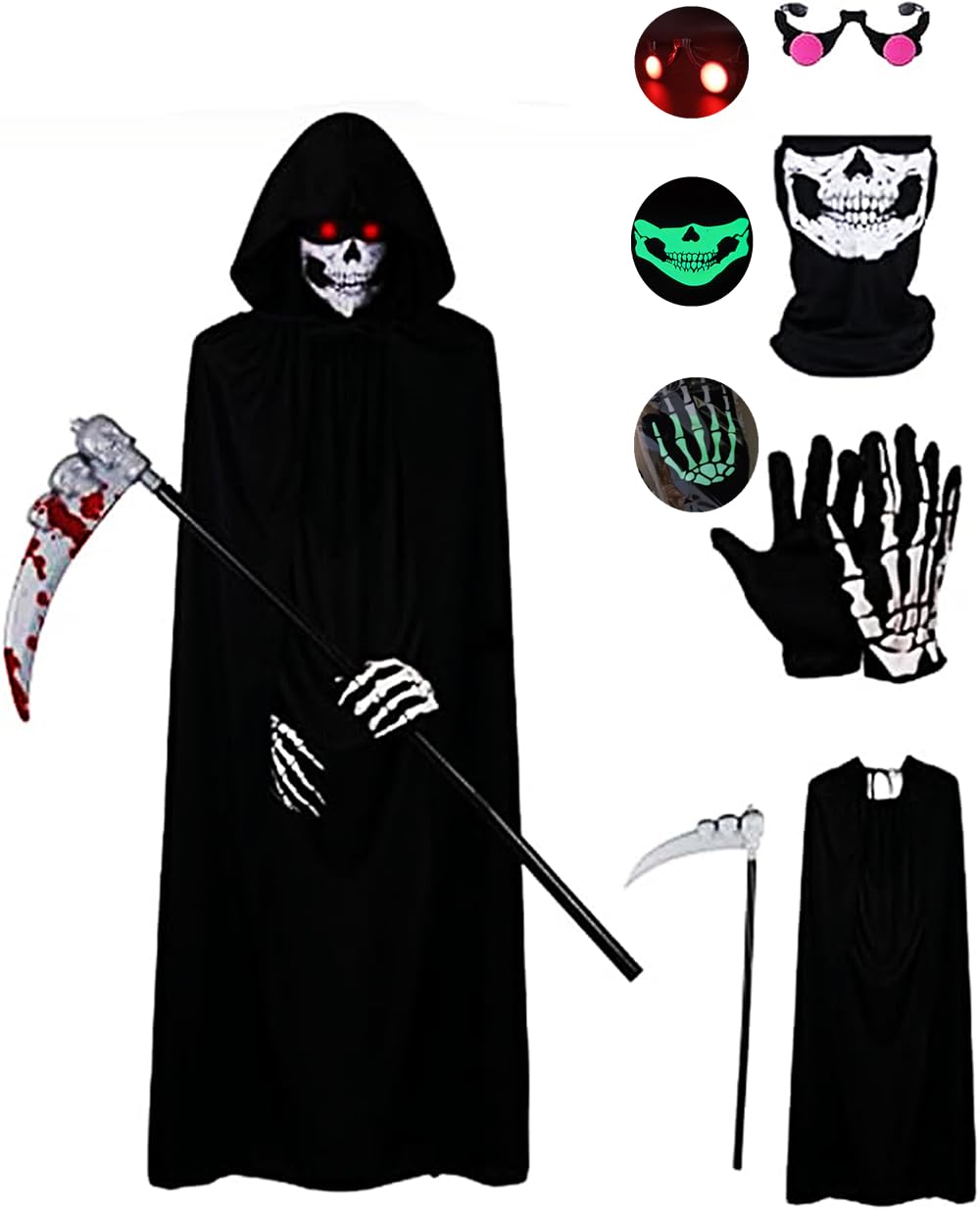 ESSECMBS 2024 Upgraded Halloween Grim Reaper Costume Set 5pcs Cape+Glow in the Dark Mask+Luminous Gloves+LED Glasses+Scythe (Black, Kids 10-15 Years)