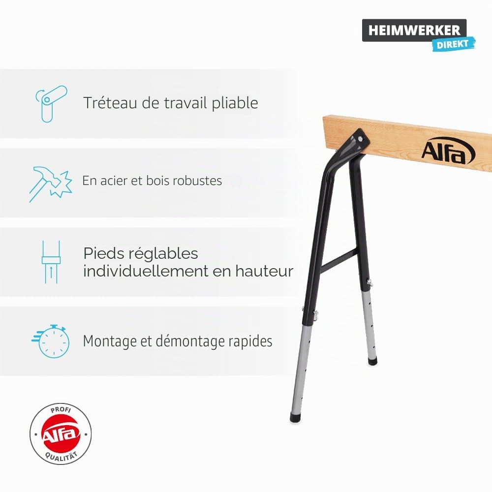 Alfa Tréteaux de chantier pliants – Supports de travail – 2 pièces | Tréteaux de travail réglables en hauteur en acier robuste et bois, charge maximale : 300 kg, pratique et peu encombrant