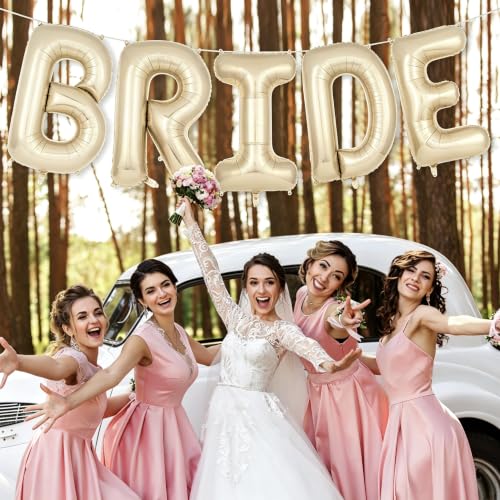 Image of 40 Inch White Gold BRIDE Balloons, Giant Bride To Be Balloon, Letter Balloons for Bachelorette Party, Bridal Photo Booth Banner, Wedding Decorations