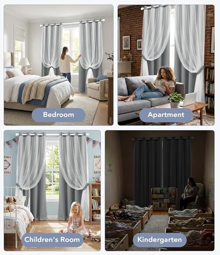 Image of 100% Blackout Curtains with Sheer Overlay, Grey, 52 x 84 inch, 2 Panels | For Bedroom Living Room Window, Room Darkening, Thermal Insulated, Grommet Top, Summer Heat Blocking, Double Layer Design