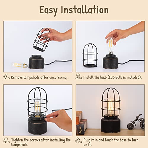 Faguangao Industrial Table Lamp,Small Touch Control 3 Way Dimmable Edison Lamp With Vintage Iron Cage,Rustic Nightstand E26 Desk Lamp For Bedroom,Office(Led Bulb Included) #TOP5