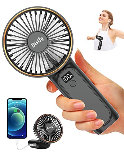 Bistfy Ventilador Portátil de Mano 5200mAh Ultra Silencioso 6 Velocidades USB C Mini Ventilador de Mesa con Pantalla LCD, 180° Plegable con Cordón como Ventilador de Cuello y Powerbank